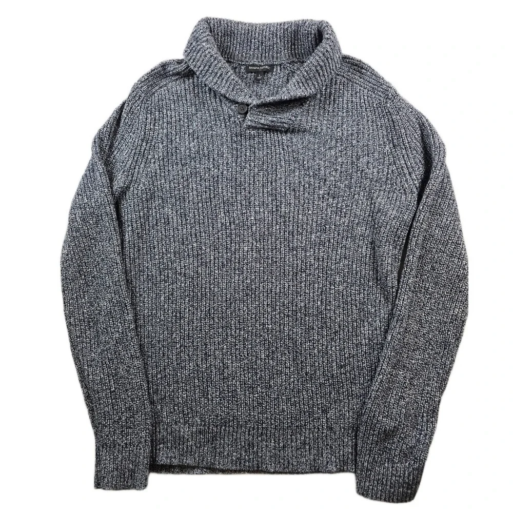 Banana Republic Shawl Collar Sweater Mens Large Navy Blue Marled Wool Blend Knit